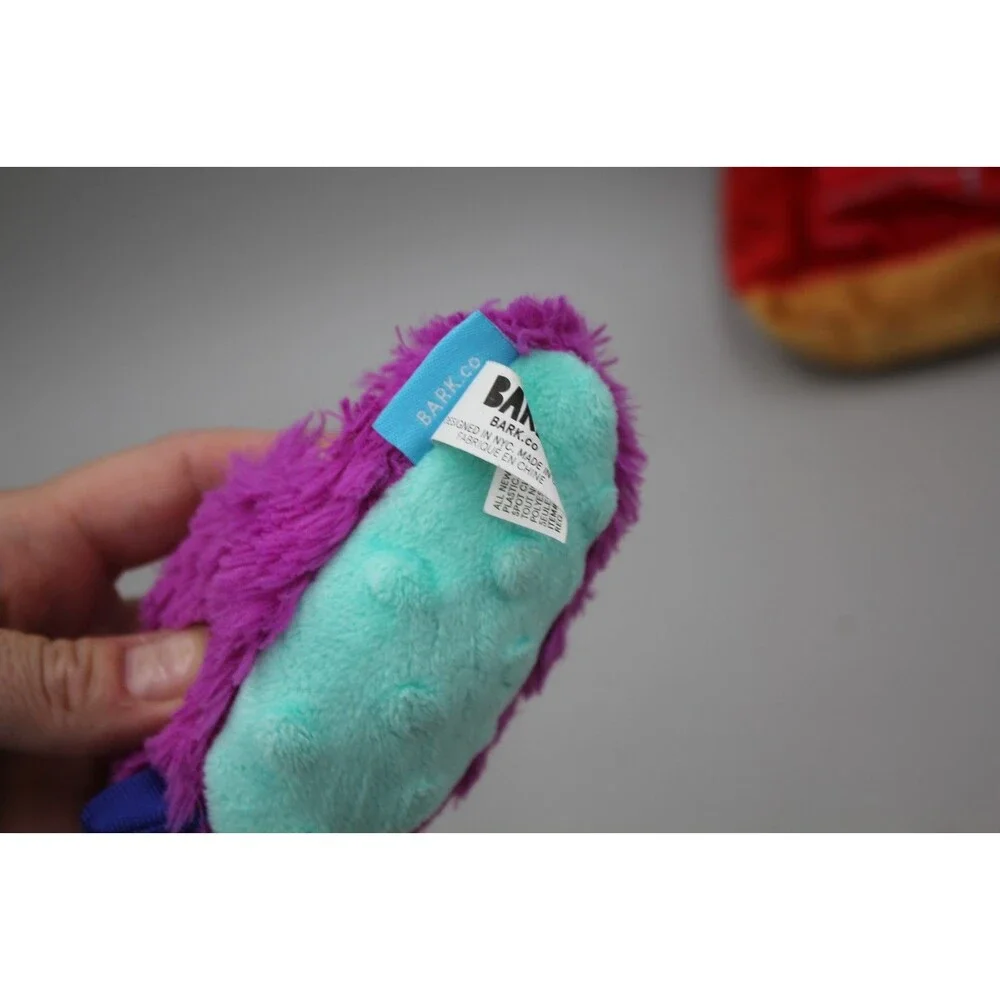 Barkbox Lot of 2 Dog Toys Backpack and Purple Monster Foot Slipper Crinkle Squea